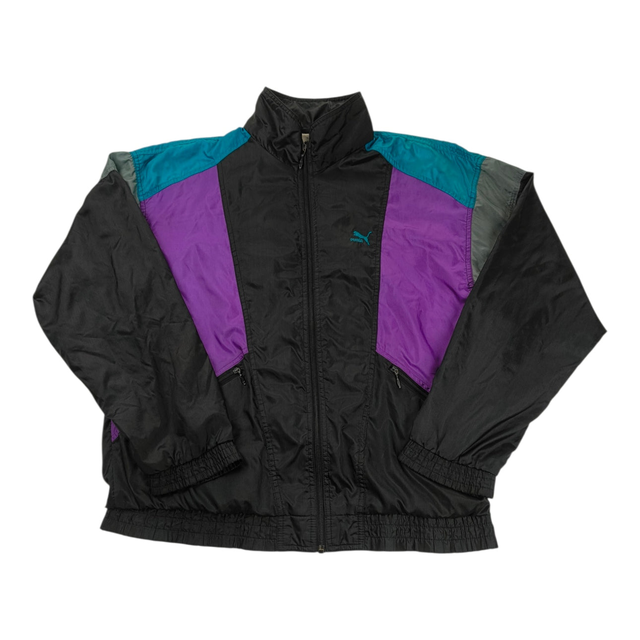 Giacca Vintage Puma Anni '90 - Nera ,Viola e Verde Acqua- Taglia L Boxy Fit