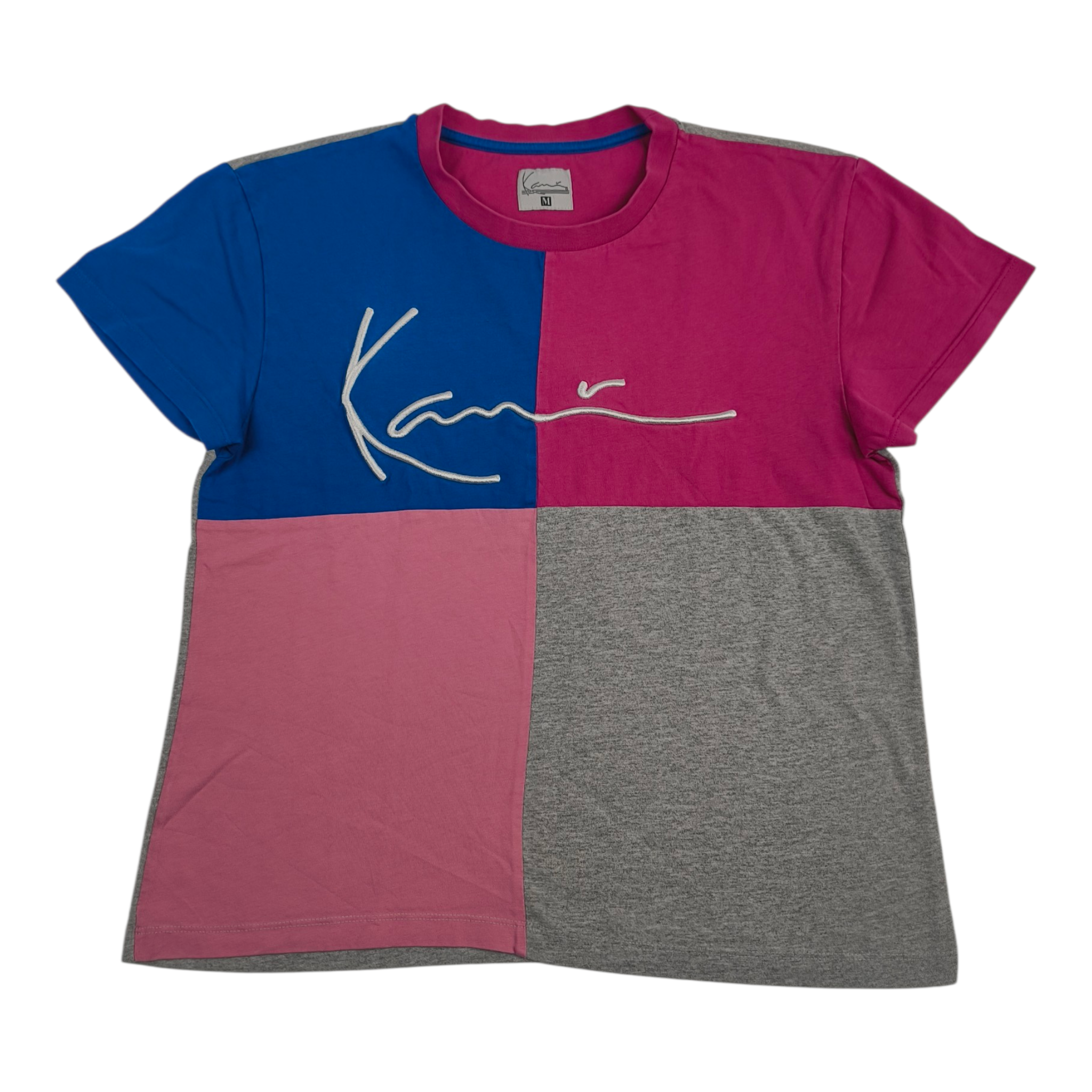 Karl Kani T-Shirt Color Block Blu Rosa Grigio Logo Signature Taglia M – Y2K Streetwear